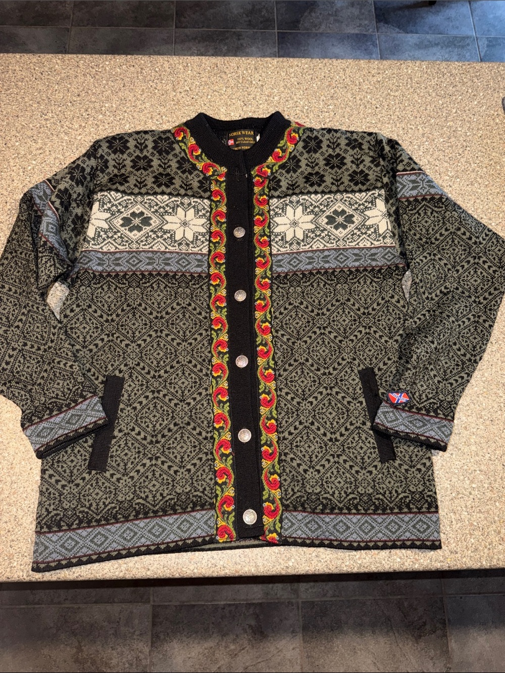 Norskwear Nordic-Style Cardigan in Olive Green & Black